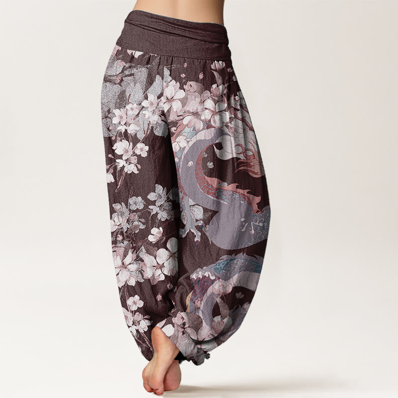 Buddha Stones Pure Cotton Casual Dragon Cherry Blossoms Women's Elastic Waist Harem Pants - image 9