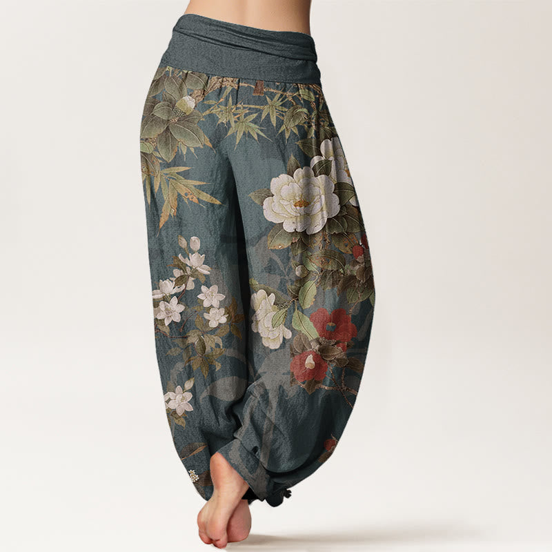 Buddha Stones Pure Cotton Casual Peony Flowers Leaves Magpie Women's Elastic Waist Harem Pants - image 2