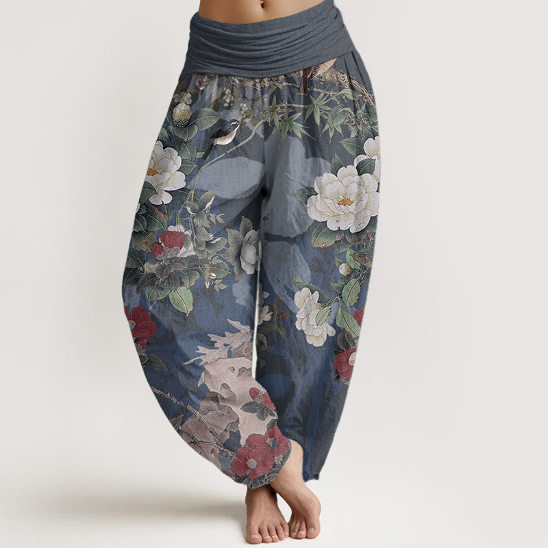 Buddha Stones Pure Cotton Casual Peony Flowers Leaves Magpie Women's Elastic Waist Harem Pants - SteelBlue - US22，UK/AU26，EU54 (6XL) - image 8