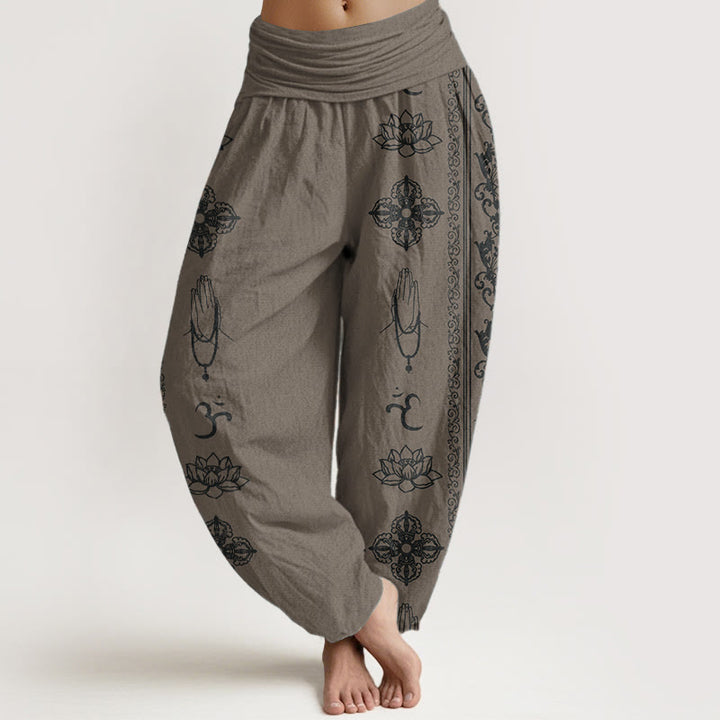 Buddha Stones Pure Cotton Lotus Flowers Double Dorje Vajra Namaste Om Design Women's Elastic Waist Harem Pants - DarkKhaki - US22，UK/AU26，EU54 (6XL) - image 8