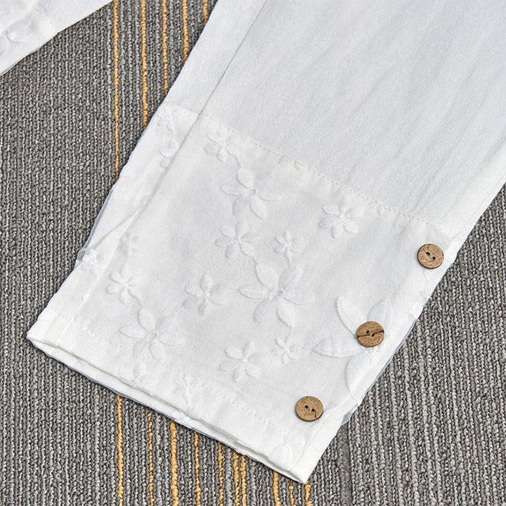 Buddha Stones White Lace Patchwork Design Women's Cotton Linen Pants With Pockets - image 3
