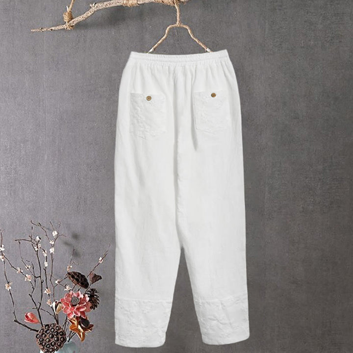 Buddha Stones White Lace Patchwork Design Women's Cotton Linen Pants With Pockets - image 4