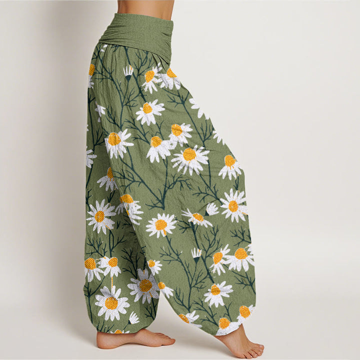 Buddha Stones White Petals Daisy Pattern Women's Elastic Waist Harem Pants - image 2