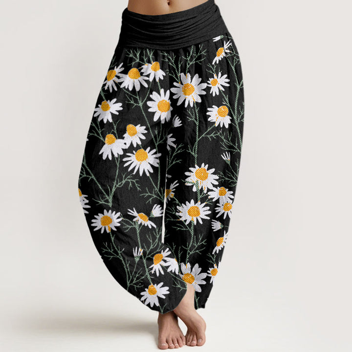 Buddha Stones White Petals Daisy Pattern Women's Elastic Waist Harem Pants - Black - US22，UK/AU26，EU54 (6XL) - image 4