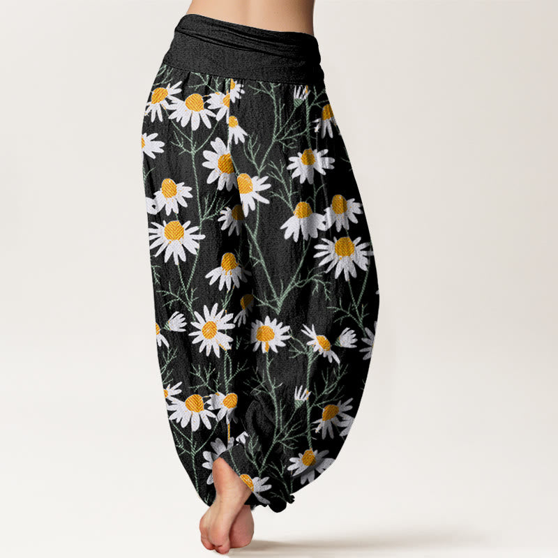 Buddha Stones White Petals Daisy Pattern Women's Elastic Waist Harem Pants - image 5