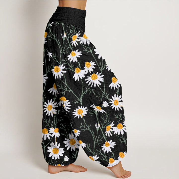 Buddha Stones White Petals Daisy Pattern Women's Elastic Waist Harem Pants - image 6