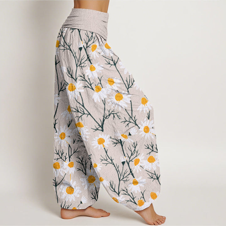 Buddha Stones Cotton White Petals Daisy Pattern Women's Elastic Waist Harem Pants - image 9