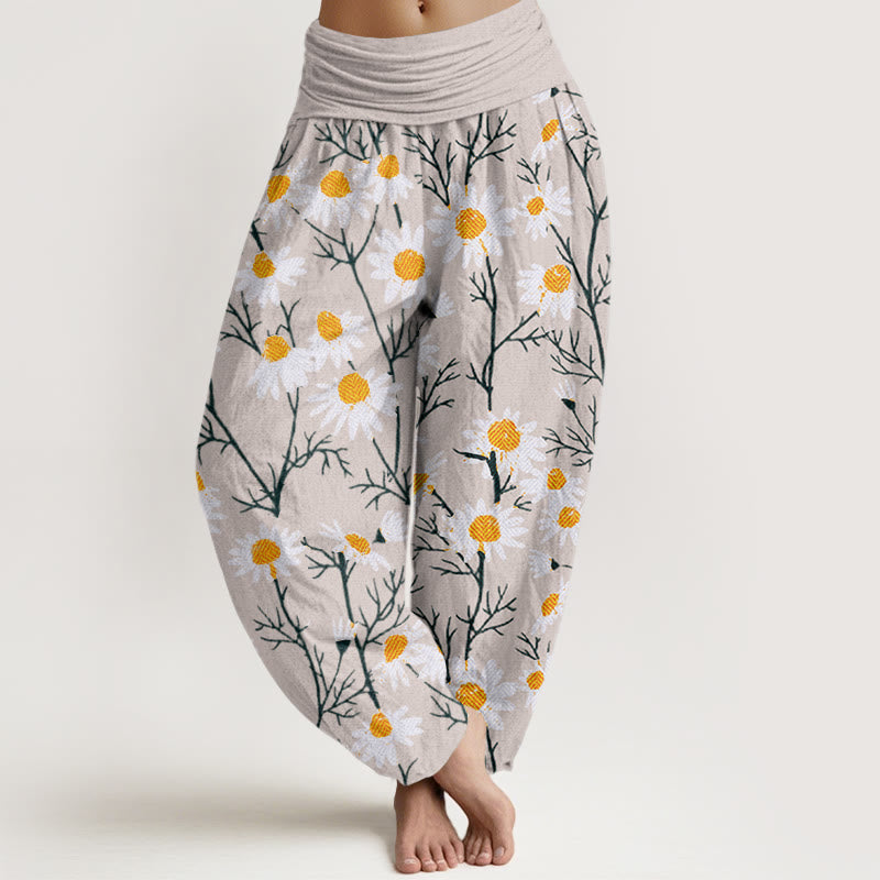 Buddha Stones Cotton White Petals Daisy Pattern Women's Elastic Waist Harem Pants - Beige - US22，UK/AU26，EU54 (6XL) - image 7