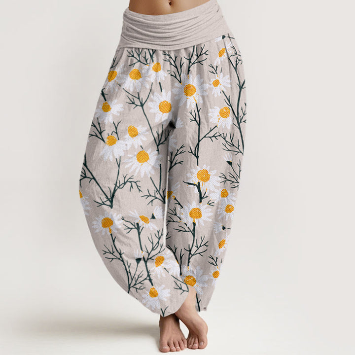 Buddha Stones Cotton White Petals Daisy Pattern Women's Elastic Waist Harem Pants - Beige - US22，UK/AU26，EU54 (6XL) - image 7