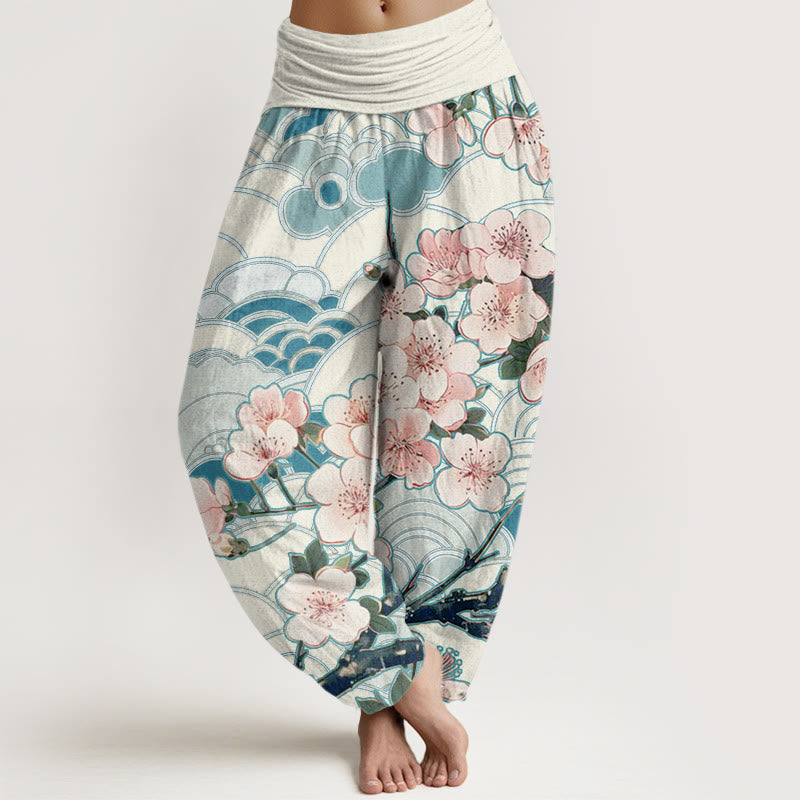 Buddha Stones Cherry Blossom Wave Pattern Women's Elastic Waist Harem Pants - RoyalBlue - US22，UK/AU26，EU54 (6XL) - image 1