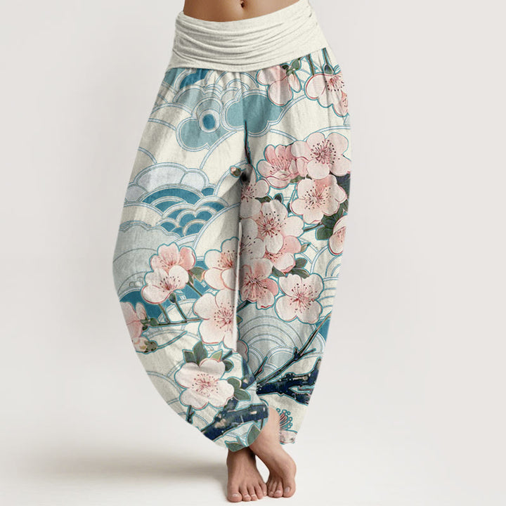 Buddha Stones Cherry Blossom Wave Pattern Women's Elastic Waist Harem Pants - RoyalBlue - US22，UK/AU26，EU54 (6XL) - image 1