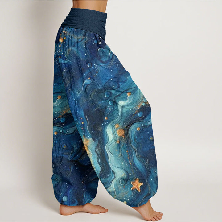 Buddha Stones Oceanic Golde Star Pattern Women's Elastic Waist Harem Pants
