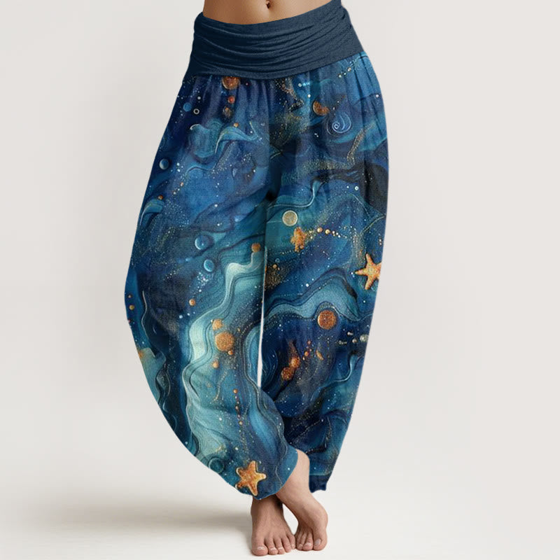 Buddha Stones Cotton Oceanic Golde Star Pattern Women's Elastic Waist Harem Pants - DarkBlue - US22，UK/AU26，EU54 (6XL) - image 0