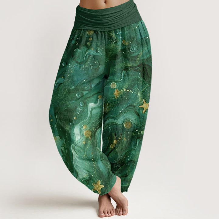Buddha Stones Oceanic Golde Star Pattern Women's Elastic Waist Harem Pants