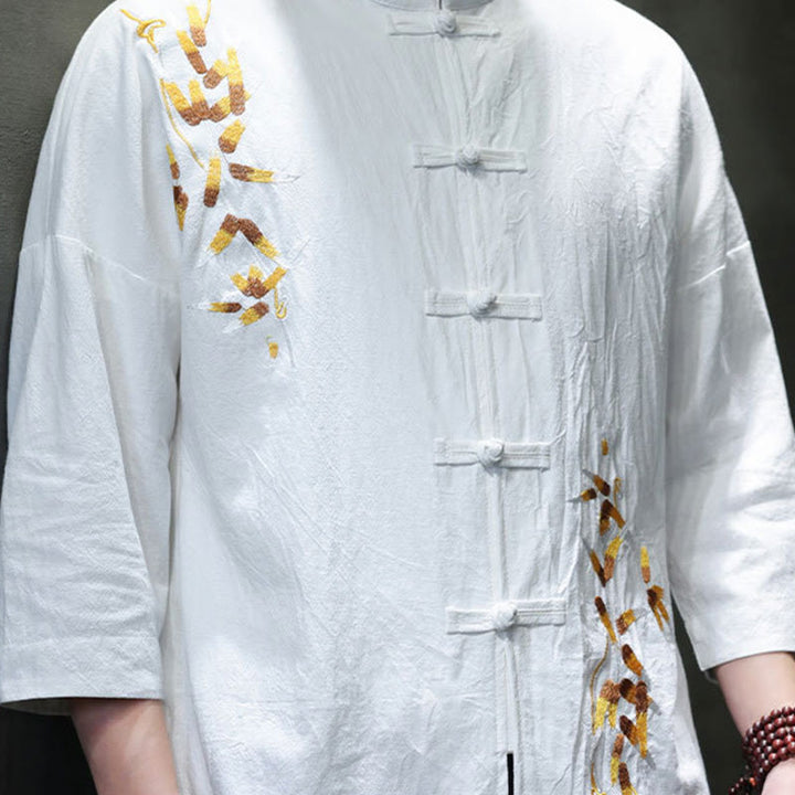 Buddha Stones Embroidery Men's  Chinese Frog-Button Three Quarter Sleeve Shirt Clothing - image 16