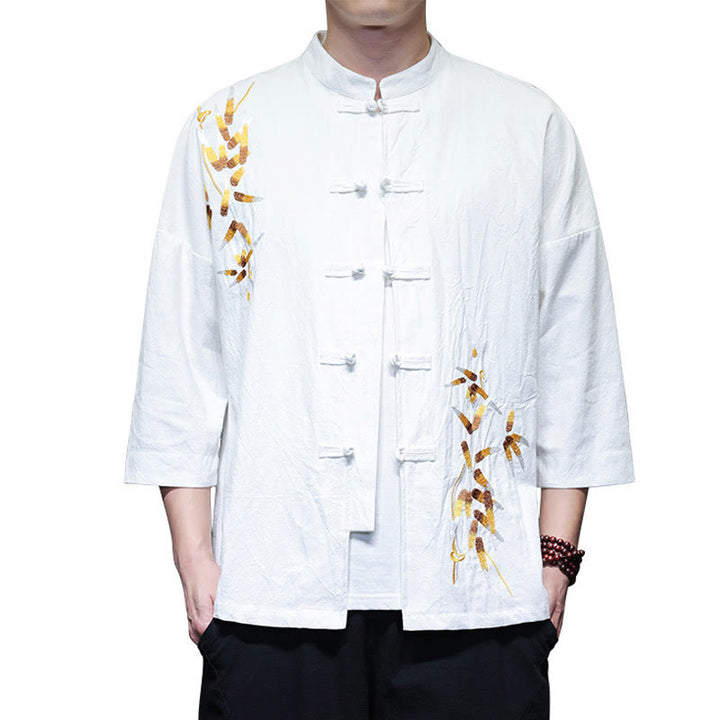 Buddha Stones Embroidery Men's  Chinese Frog-Button Three Quarter Sleeve Shirt Clothing - image 20