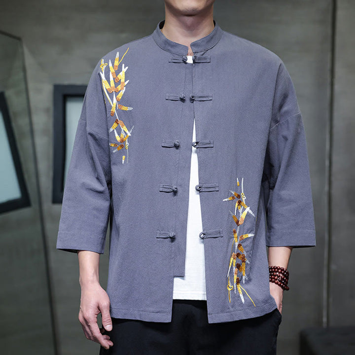 Buddha Stones Embroidery Men's  Chinese Frog-Button Three Quarter Sleeve Shirt Clothing - LightSlateGray - US/UK/AU46，EU56 (5XL) - image 21