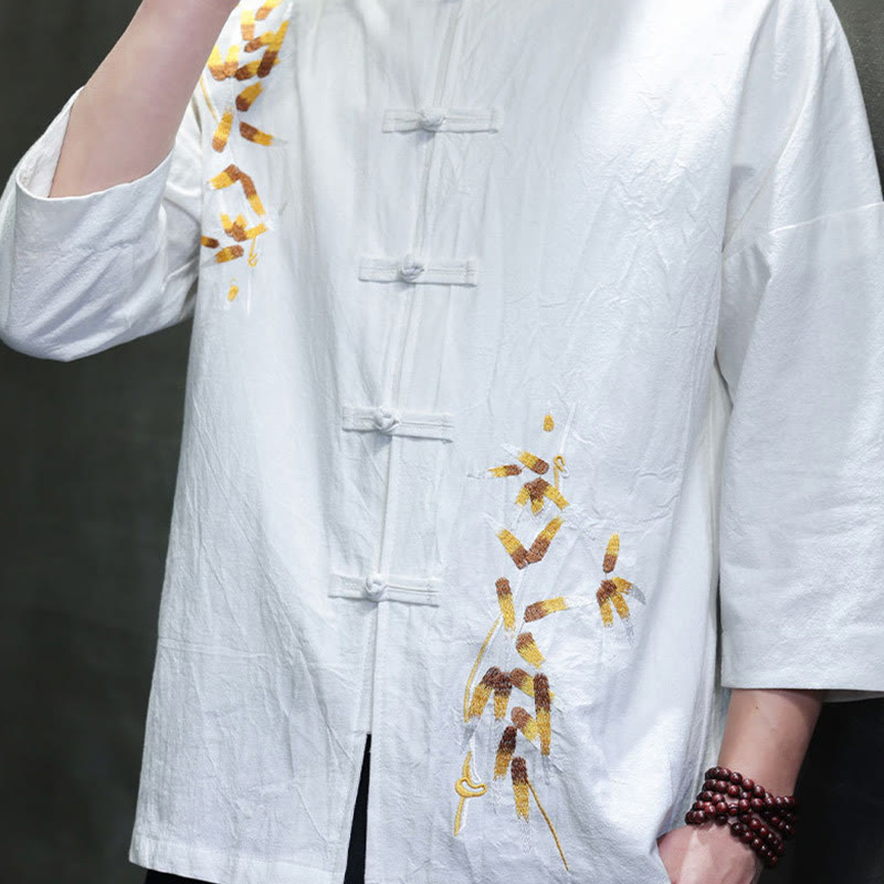 Buddha Stones Embroidery Men's  Chinese Frog-Button Three Quarter Sleeve Shirt Clothing - image 14