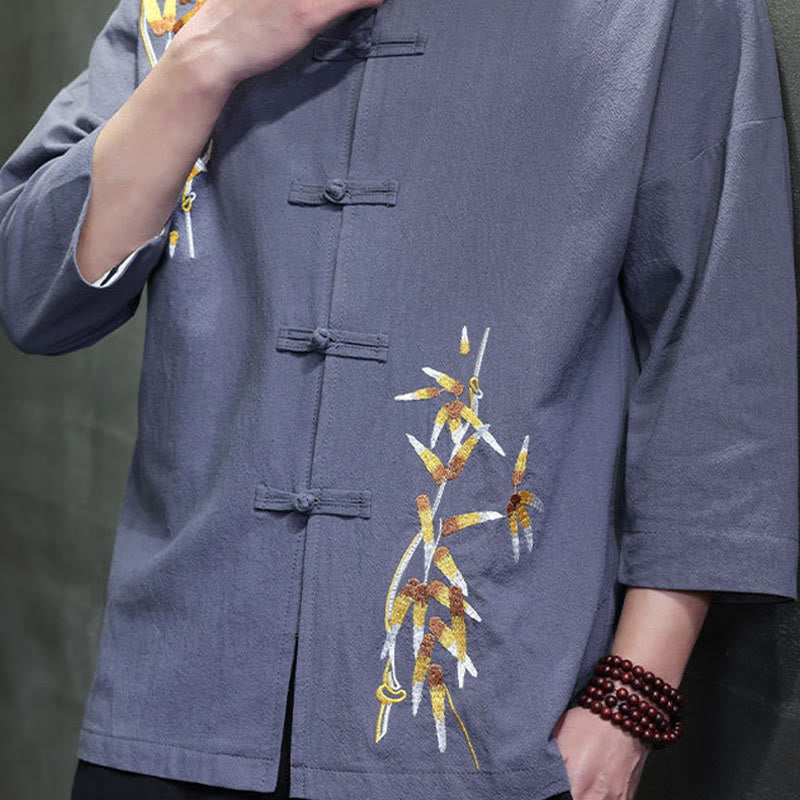 Buddha Stones Embroidery Men's  Chinese Frog-Button Three Quarter Sleeve Shirt Clothing - image 25