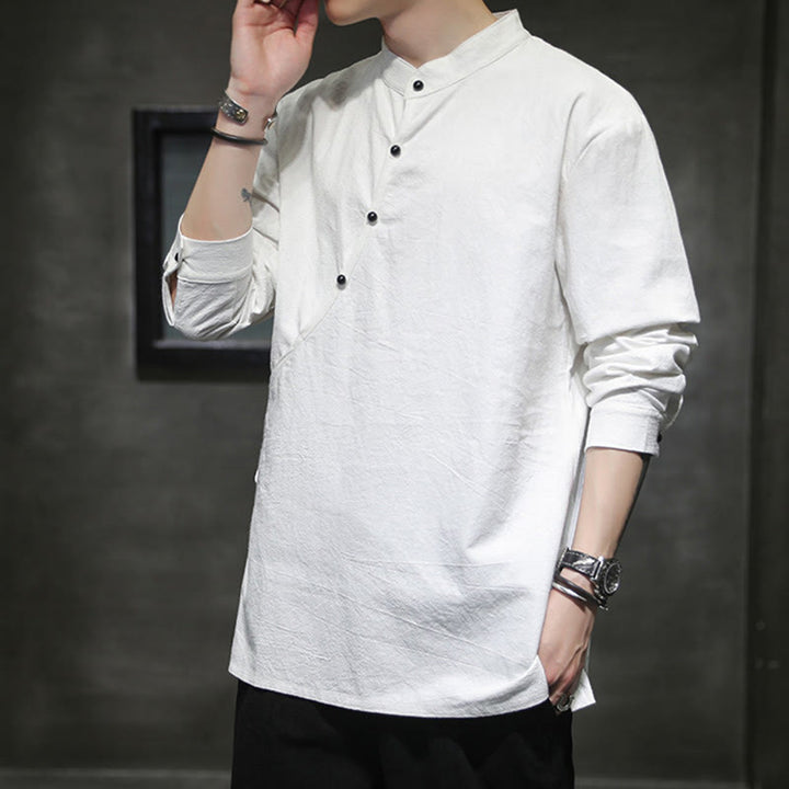 Buddha Stones Plain Lace-Up Simple Button Design Men's Long Sleeve Cotton Linen Shirt Clothing - image 16