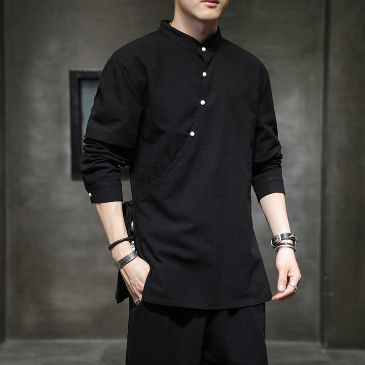Buddha Stones Plain Lace-Up Simple Button Design Men's Long Sleeve Cotton Linen Shirt Clothing - image 7