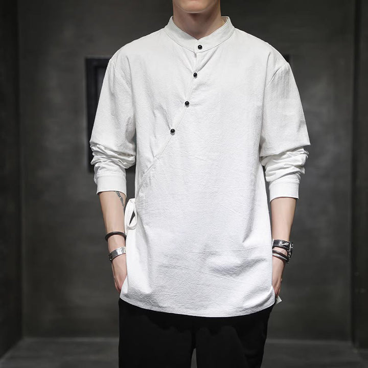 Buddha Stones Plain Lace-Up Simple Button Design Men's Long Sleeve Cotton Linen Shirt Clothing - image 14