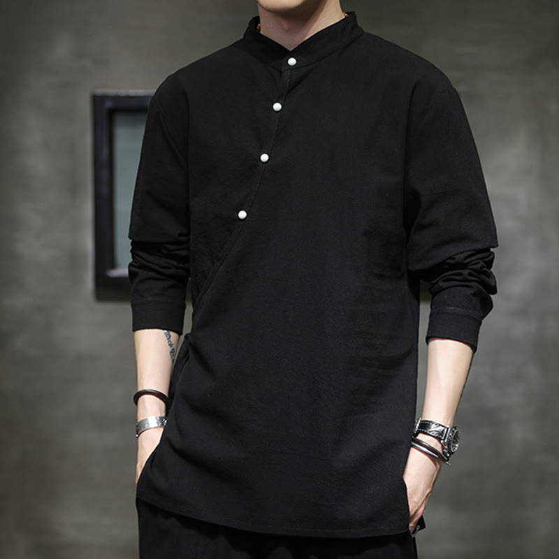 Buddha Stones Plain Lace-Up Simple Button Design Men's Long Sleeve Cotton Linen Shirt Clothing - image 4