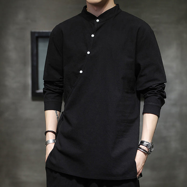 Buddha Stones Plain Lace-Up Simple Button Design Men's Long Sleeve Cotton Linen Shirt Clothing - image 4