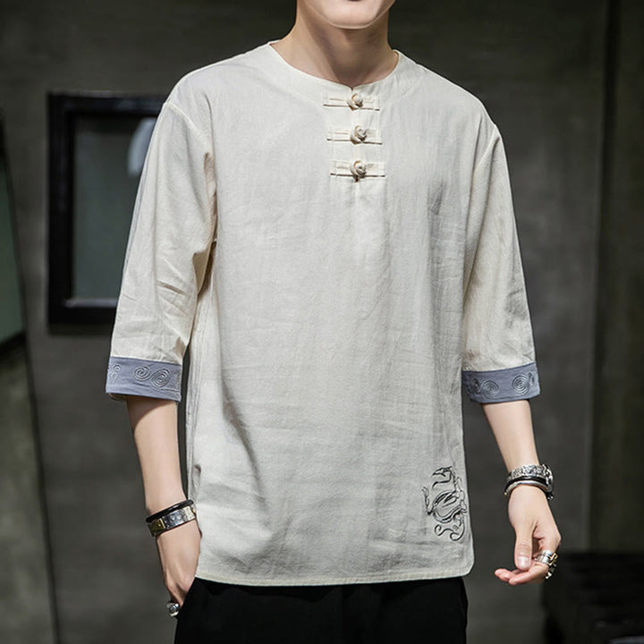 Buddha Stones Summer Embroidery Plain Frog-Button Men's Crew Neck Half Sleeve Cotton Linen Shirt Clothing - image 16