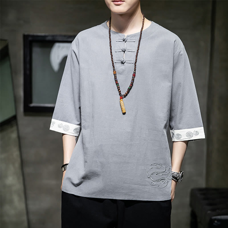 Buddha Stones Summer Embroidery Plain Frog-Button Men's Crew Neck Half Sleeve Cotton Linen Shirt Clothing - Silver - US/UK/AU46，EU56 (5XL) - image 0