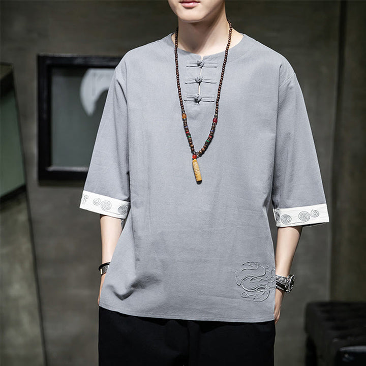 Buddha Stones Summer Embroidery Plain Frog-Button Men's Crew Neck Half Sleeve Cotton Linen Shirt Clothing - Silver - US/UK/AU46，EU56 (5XL) - image 0