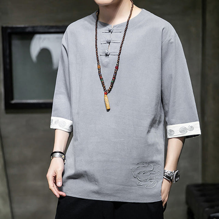 Buddha Stones Summer Embroidery Plain Frog-Button Men's Crew Neck Half Sleeve Cotton Linen Shirt Clothing - image 1