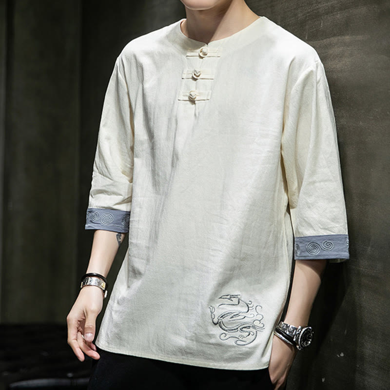 Buddha Stones Summer Embroidery Plain Frog-Button Men's Crew Neck Half Sleeve Cotton Linen Shirt Clothing - image 17