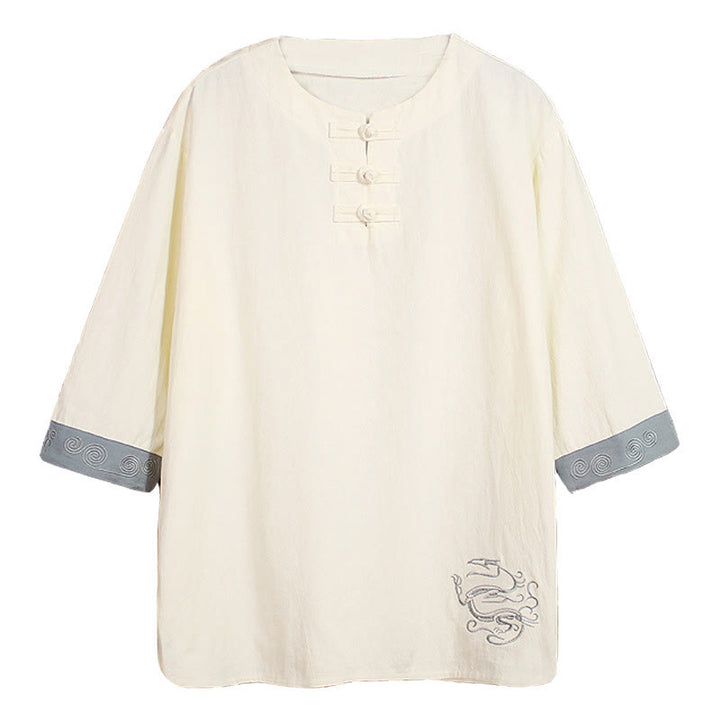 Buddha Stones Summer Embroidery Plain Frog-Button Men's Crew Neck Half Sleeve Cotton Linen Shirt Clothing - image 18