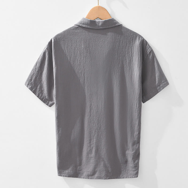 Buddha Stones Vintage Plain Simple Design Men's Short Sleeve Cotton Linen Shirt Clothing With Pockets - image 1