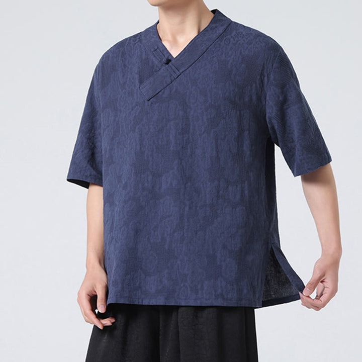 Buddha Stones Ethnic Distressed Jacquard Frog-Button Men's Stand Collar Half Sleeve Cotton Linen Shirt Tai Chi Clothes - image 4