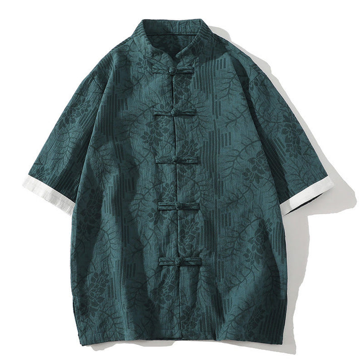 Buddha Stones Casual Summer Jacquard Floral Pattern Frog-Button Men's Stand Collar Contrasting Color Half Sleeve Cotton Shirt - Teal - US/UK/AU46，EU56 (5XL) - image 0