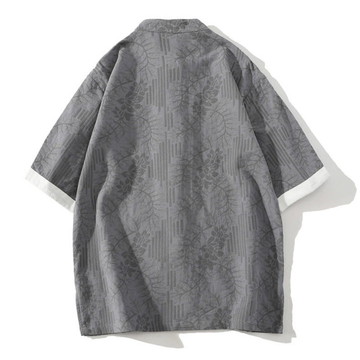 Buddha Stones Casual Summer Jacquard Floral Pattern Frog-Button Men's Stand Collar Contrasting Color Half Sleeve Cotton Shirt - image 6