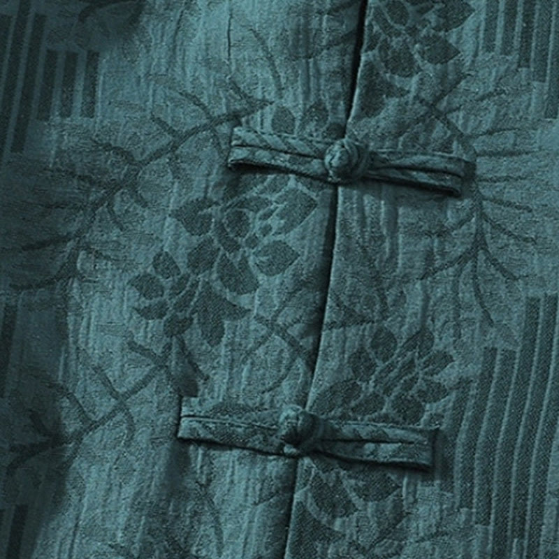 Buddha Stones Casual Summer Jacquard Floral Pattern Frog-Button Men's Stand Collar Contrasting Color Half Sleeve Cotton Shirt - image 2