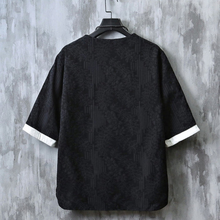 Buddha Stones Casual Retro Jacquard Chinese Frog-Button Design Men's Crew Neck Half Sleeve Cotton Shirt - image 4