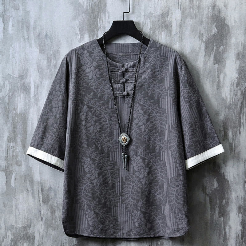Buddha Stones Casual Retro Jacquard Chinese Frog-Button Design Men's Crew Neck Half Sleeve Cotton Shirt - DimGray - US/UK/AU46，EU56 (5XL) - image 0