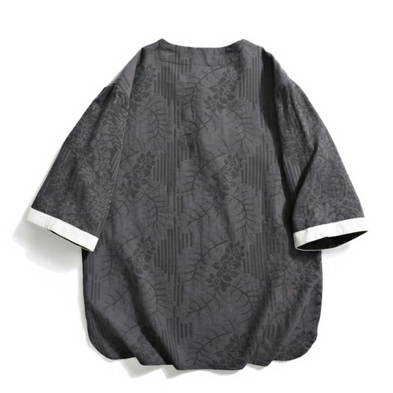 Buddha Stones Casual Retro Jacquard Chinese Frog-Button Design Men's Crew Neck Half Sleeve Cotton Shirt - image 2