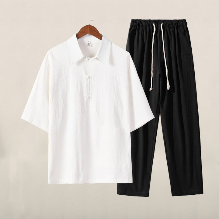 Buddha Stones Casual 2Pcs Pure Color Half Button Design Shirt Drawstring Pants Men's Cotton Linen Meditation Cloth Set With Pockets