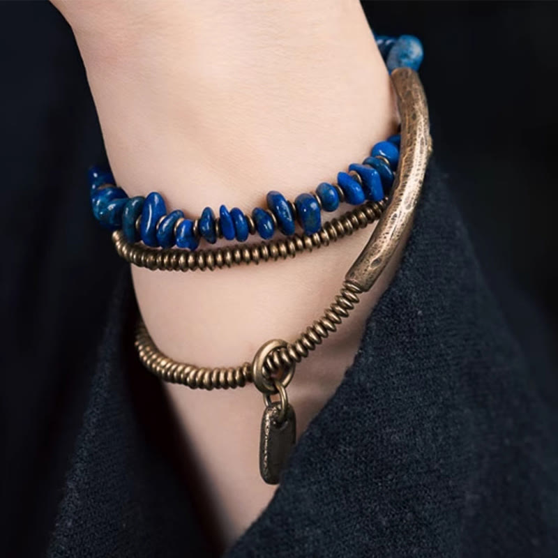 Buddha Stones Irregular Shape Triple Wrap Lazurite Lapis Lazuli Balance Bracelet - image 9