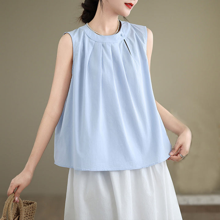 Buddha Stones Summer Solid Color Pleated Design Halter Neck Sleeveless Cotton Linen Women's Vest - image 1