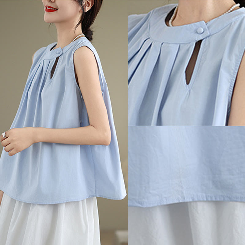 Buddha Stones Summer Solid Color Pleated Design Halter Neck Sleeveless Cotton Linen Women's Vest - image 7