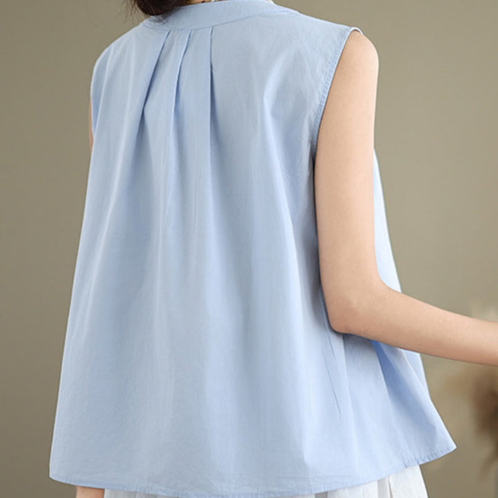 Buddha Stones Summer Solid Color Pleated Design Halter Neck Sleeveless Cotton Linen Women's Vest - image 5