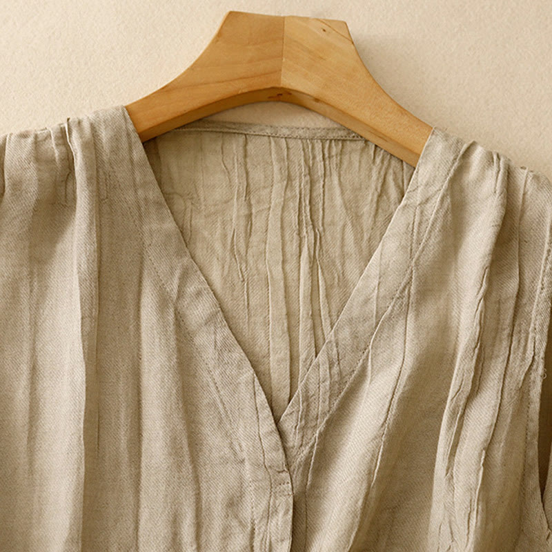 Buddha Stones Casual Summer Pure Color Pleated Design Sleeveless Women's Cotton Linen V-Neck Vest Cardigan - image 1