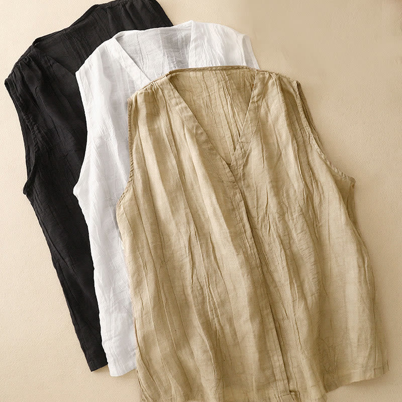 Buddha Stones Casual Summer Pure Color Pleated Design Sleeveless Women's Cotton Linen V-Neck Vest Cardigan - image 18