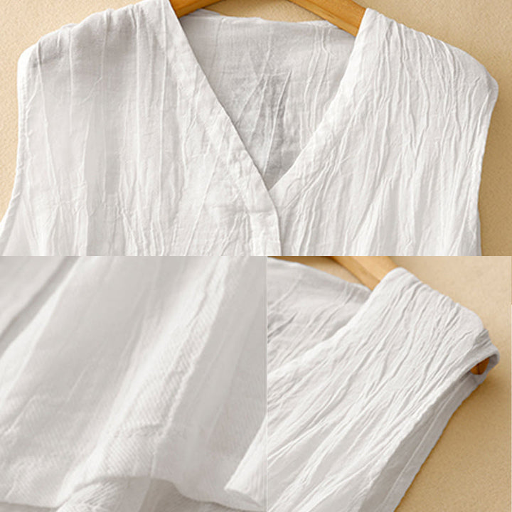 Buddha Stones Casual Summer Pure Color Pleated Design Sleeveless Women's Cotton Linen V-Neck Vest Cardigan - image 16